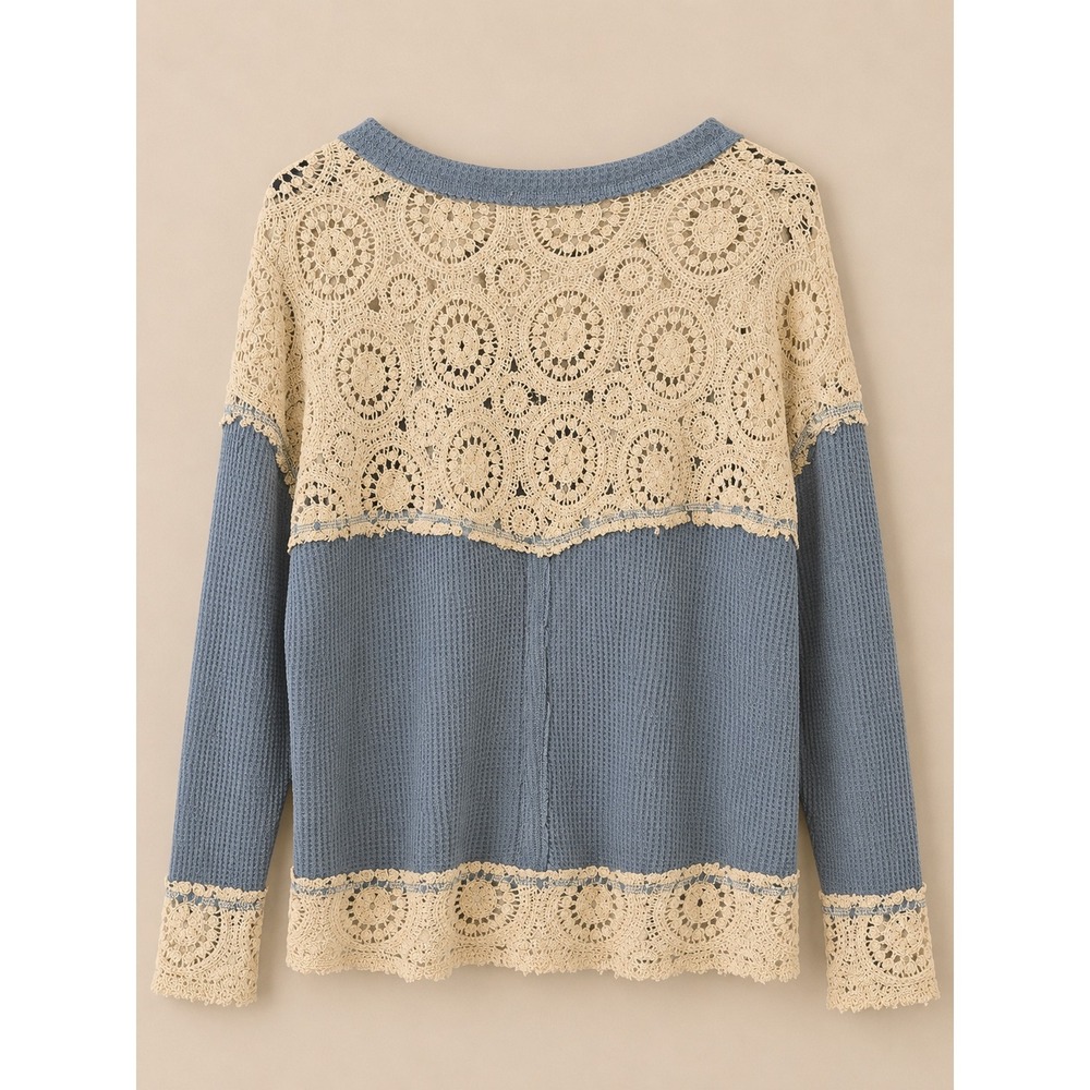 POL Blue Waffle Knit‎ Top with Cream Crochet Lace Trim Boho Long Sleeve Large - Picture 4 of 5